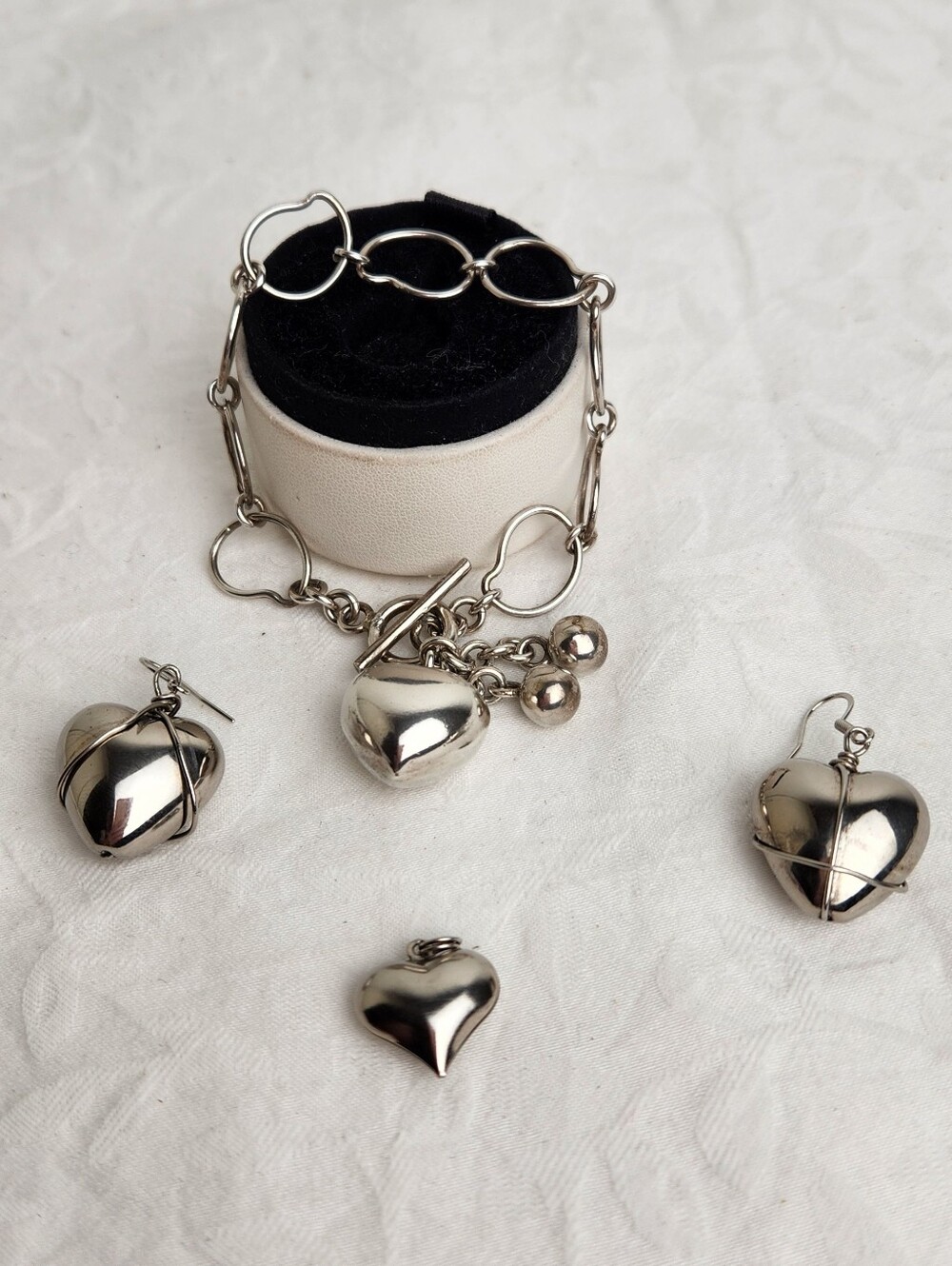 Silver Heart Bracelet Earrings Pendant